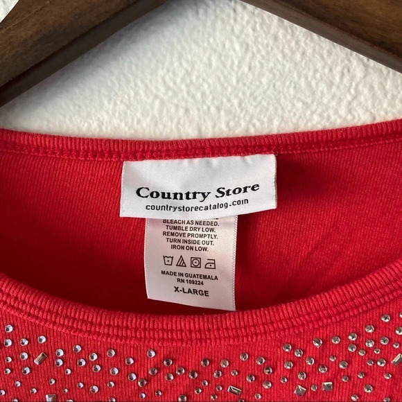100% Cotton Embellished Top Crewneck Red 3/4 Sleeve Shirt Size XL Holiday Fall - Picture 6 of 8